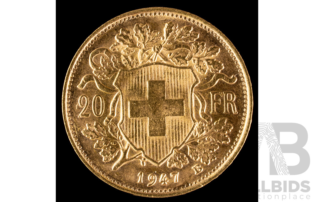 Switzerland 1947 Gold Twenty Francs Coin, Bern Mint .900