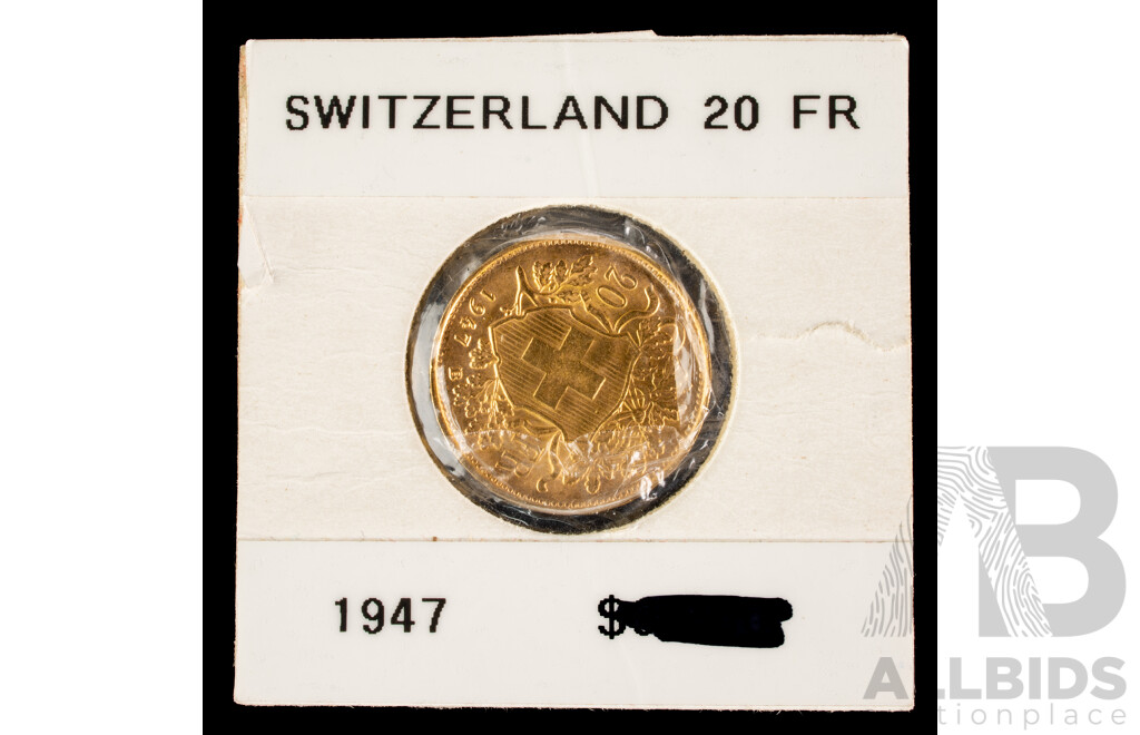 Switzerland 1947 Gold Twenty Francs Coin, Bern Mint .900