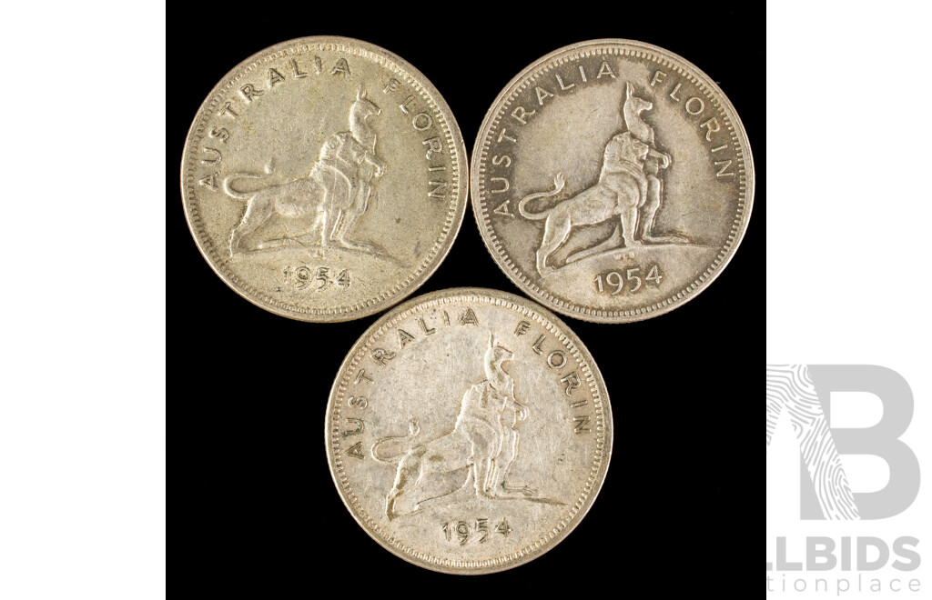 Three Australian 1954 Silver Commemorative Florins .500