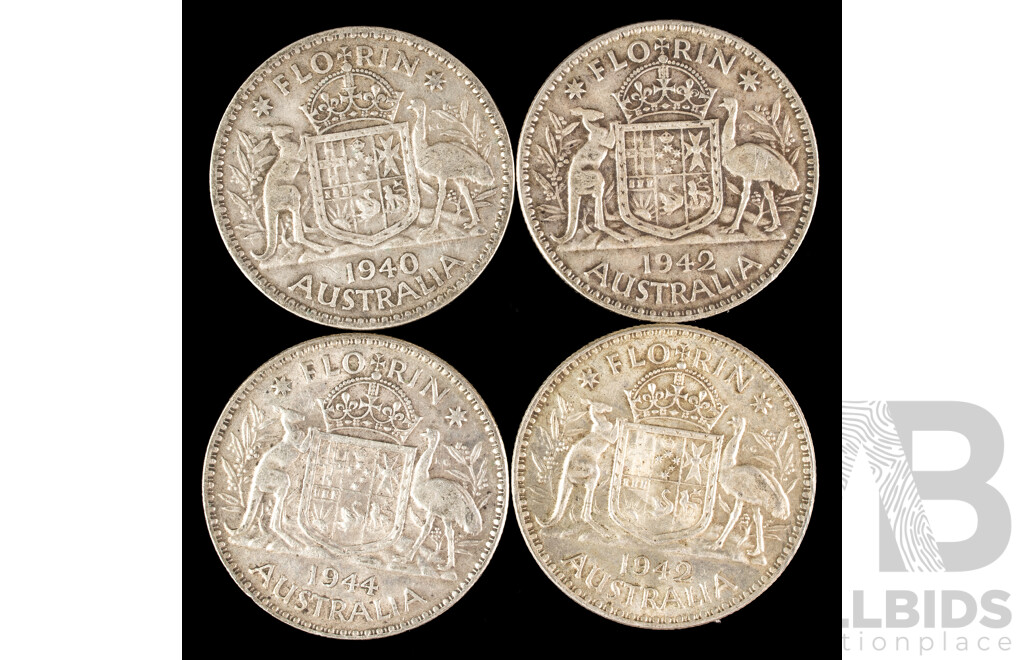Four Australian KGVI Silver Florins Including 1940, 1942(2) 1944 .925