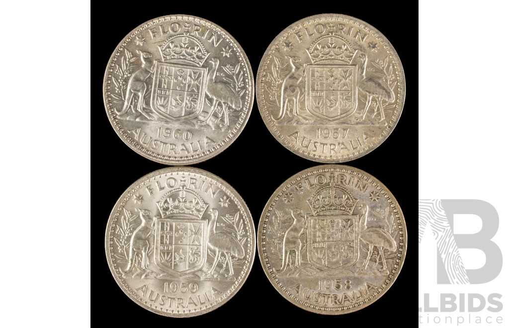 Four Australian QE2 Silver Florins Including 1957, 1958, 1959, 1960 .500