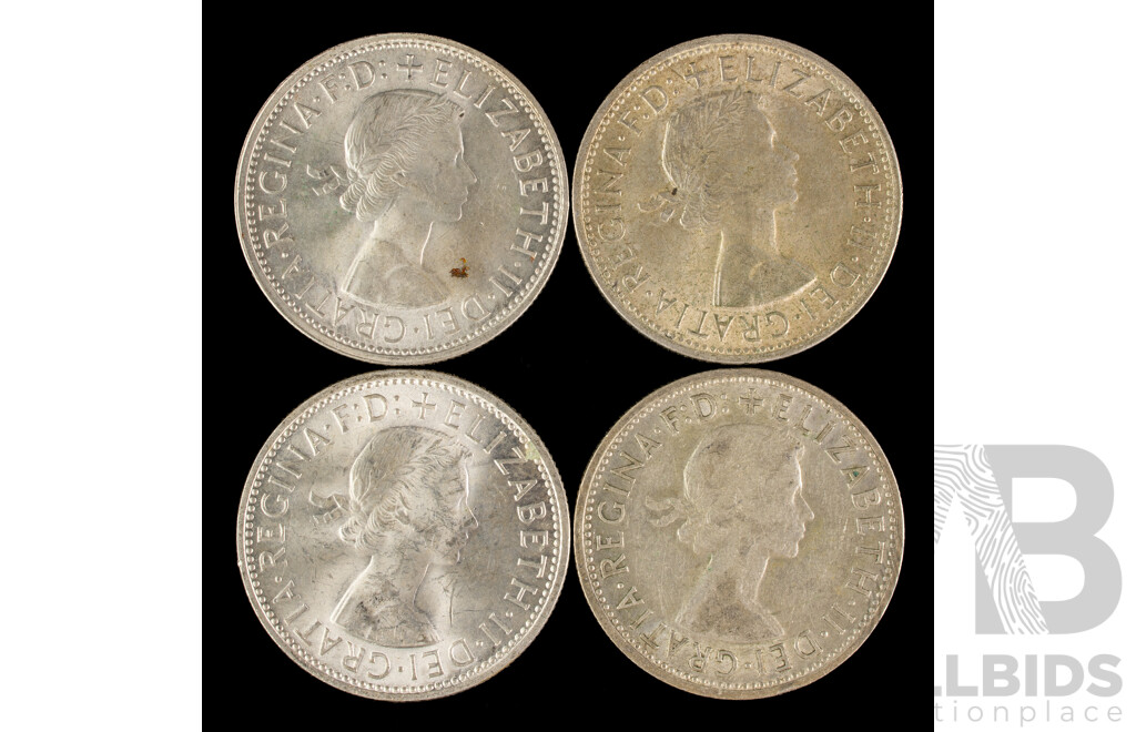 Four Australian QE2 Silver Florins Including 1957, 1958, 1959, 1960 .500
