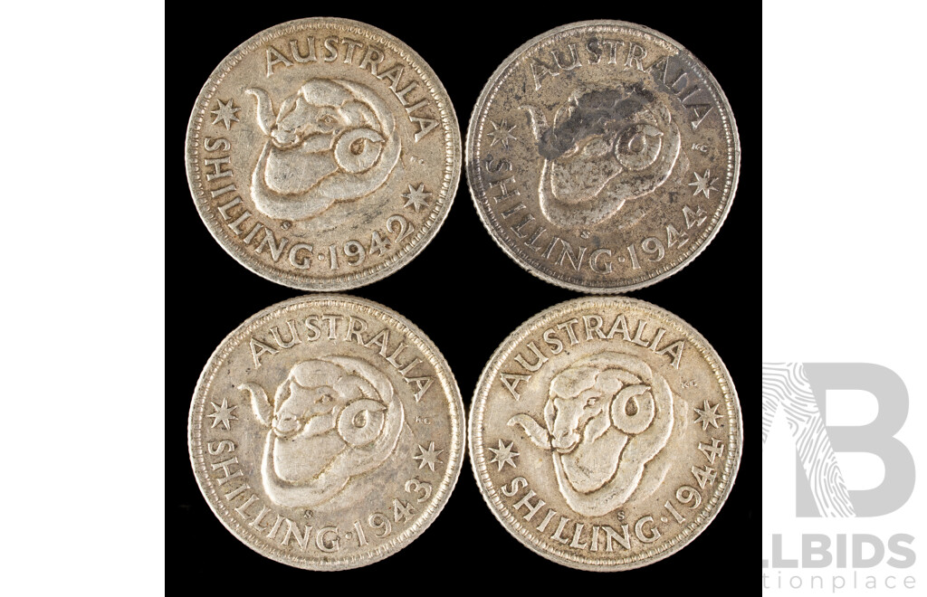 Four Australian KGVI Silver Shillings Including 1942, 1943, 1944(2) .925