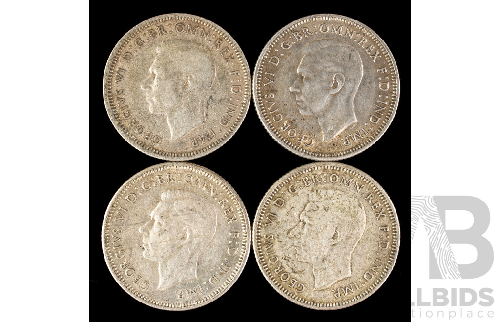 Four Australian KGVI Silver Shillings Including 1942, 1943, 1944(2) .925