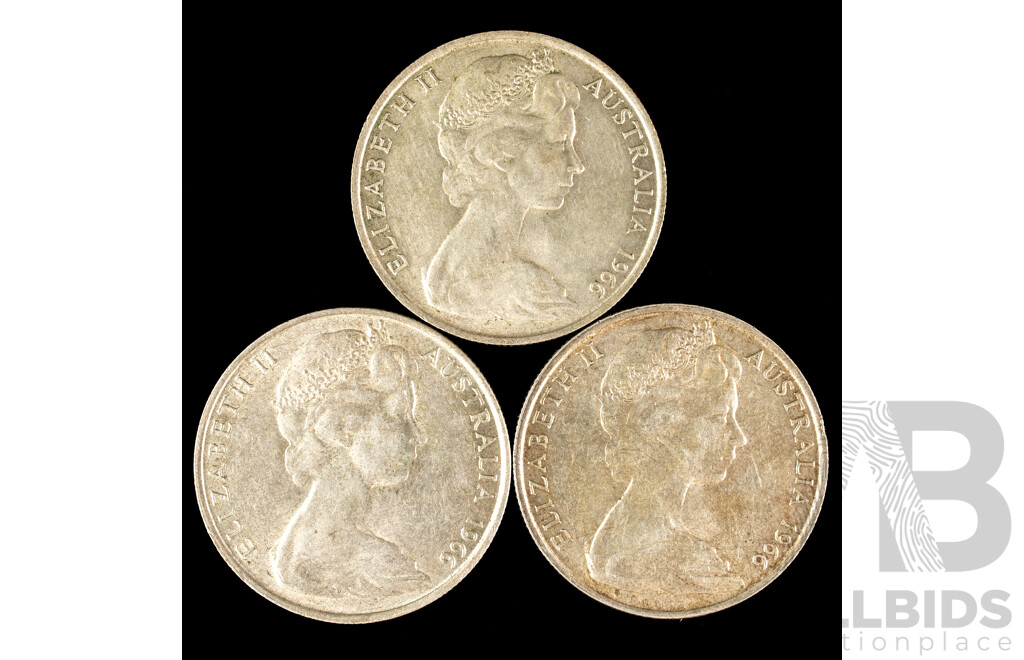 Three Australian 1966 Round Silver Fifty Cent Coins .800