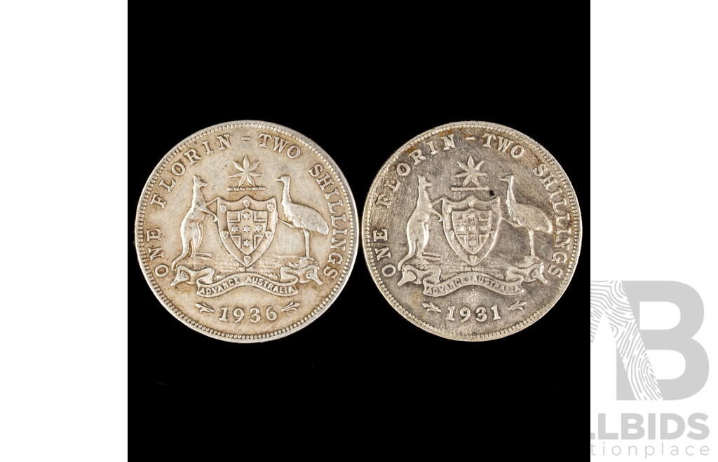 Australian 1931 and 1936 KGV Silver Florins .925