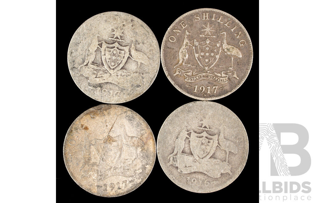Four Australian KGV Silver Shillings Including 1917M(2), 1917, 19?6 .925