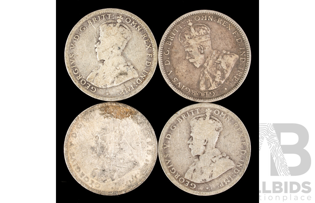 Four Australian KGV Silver Shillings Including 1917M(2), 1917, 19?6 .925