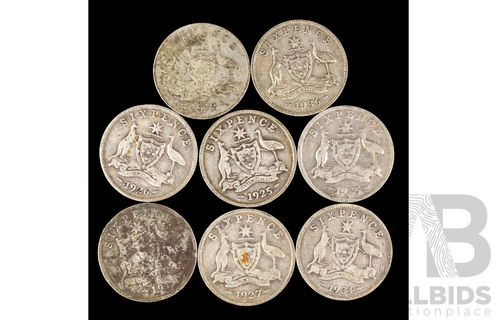 Eight Australian KGV Silver Sixpence Including 1912, 191?, 1925(2), 1926, 1927, 1934, 1936 .925