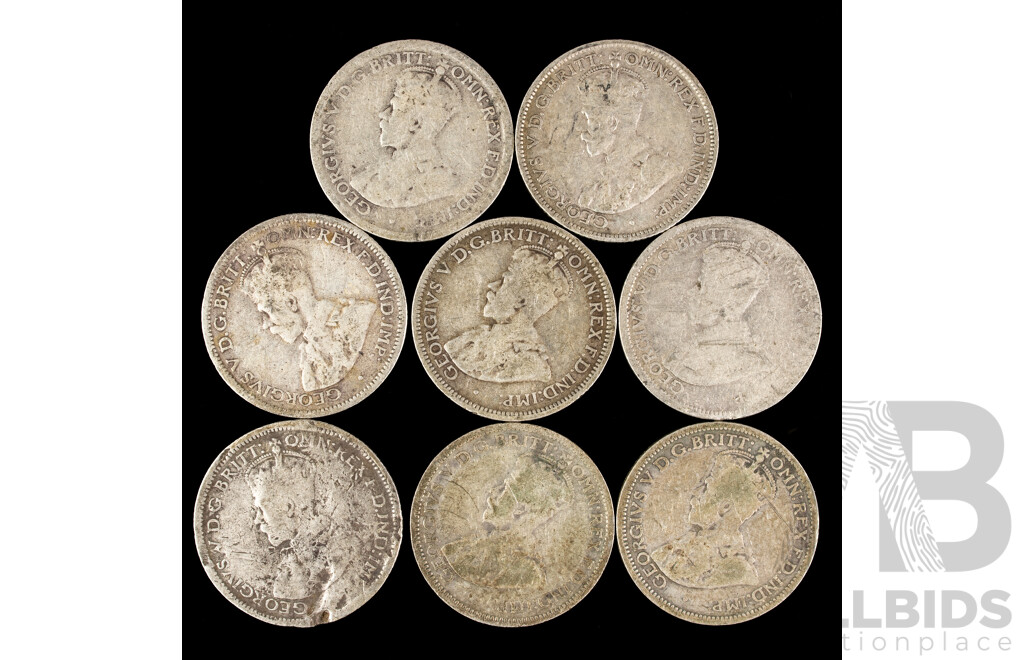 Eight Australian KGV Silver Sixpence Including 1912, 191?, 1925(2), 1926, 1927, 1934, 1936 .925