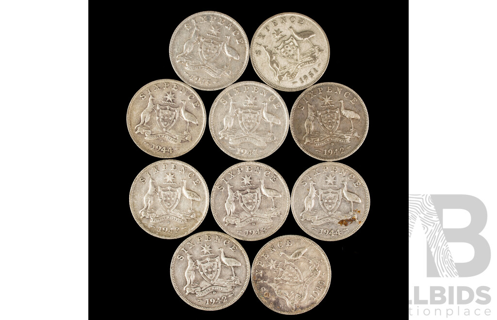 Ten Australian KGVI Silver Sixpence Including 1940, 1941, 1942D(3) 1943D, 1944S(2) 1945, 1951