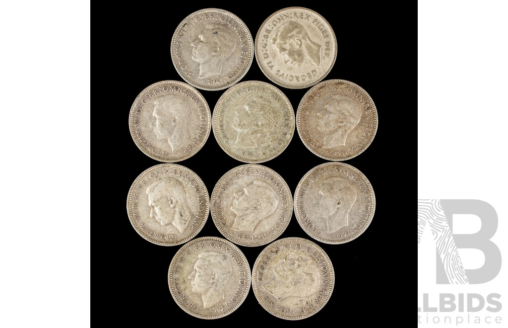 Ten Australian KGVI Silver Sixpence Including 1940, 1941, 1942D(3) 1943D, 1944S(2) 1945, 1951