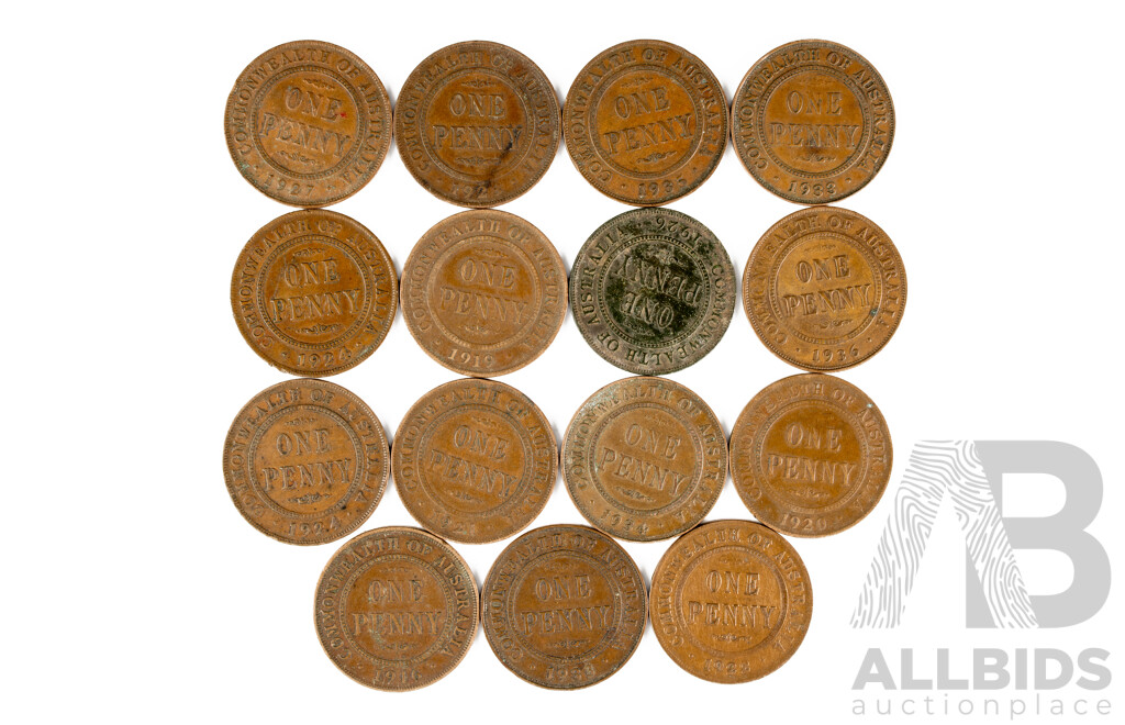 Fifteen Australian KGV Pennies, Examples Spanning 1916 to 1934 Including 1916I
