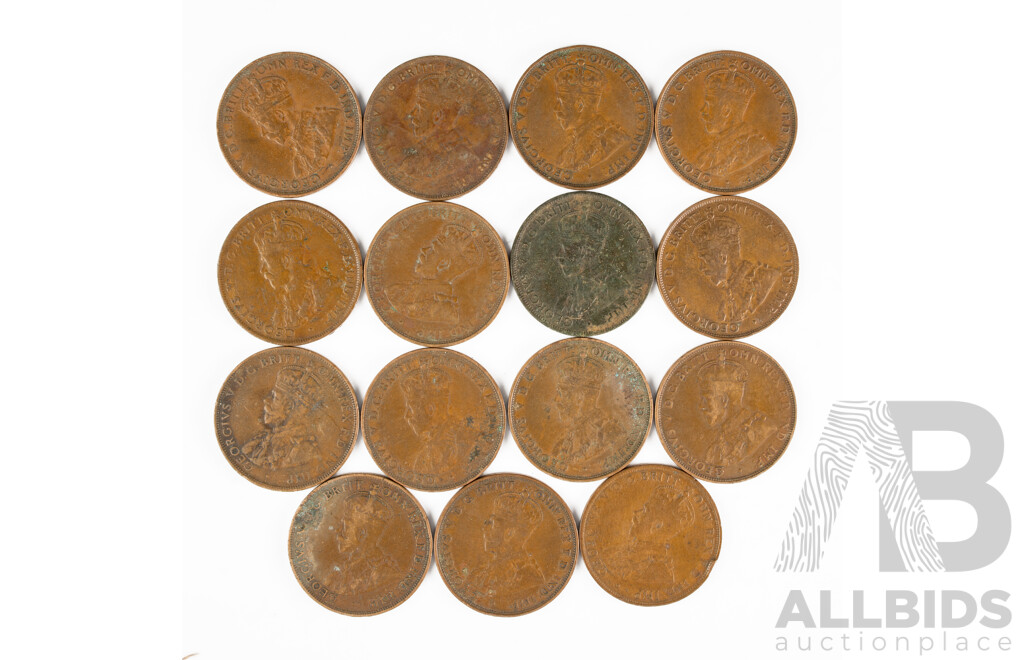 Fifteen Australian KGV Pennies, Examples Spanning 1916 to 1934 Including 1916I