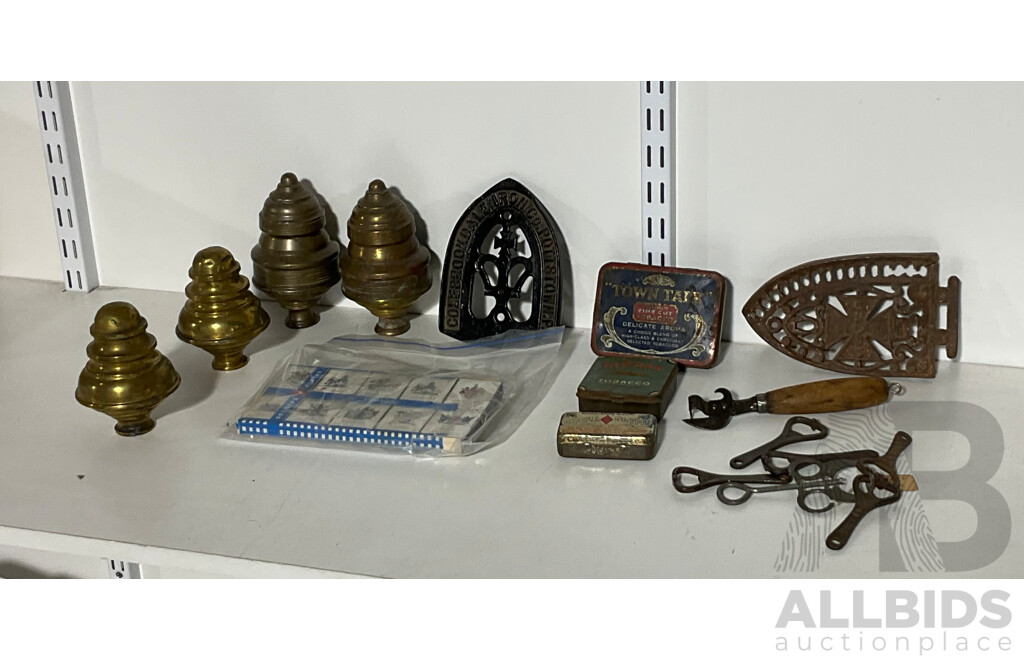 Collection of Vintage Items Including Hot Cross and Colebrookdale Iron Co Cast Iron Trivets, Six Bottle Openers(Tooths, KB Larger) Gillette Shaver, Can Opener, Cherry Stoner, Tobacco/Cycle Tube Tins, Brass Bed Finials