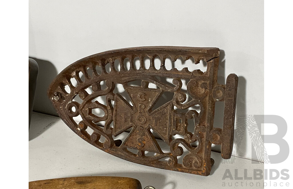 Collection of Vintage Items Including Hot Cross and Colebrookdale Iron Co Cast Iron Trivets, Six Bottle Openers(Tooths, KB Larger) Gillette Shaver, Can Opener, Cherry Stoner, Tobacco/Cycle Tube Tins, Brass Bed Finials