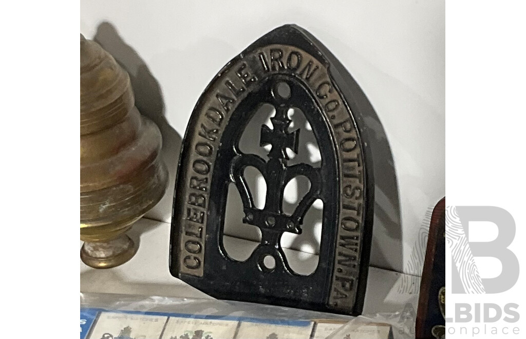 Collection of Vintage Items Including Hot Cross and Colebrookdale Iron Co Cast Iron Trivets, Six Bottle Openers(Tooths, KB Larger) Gillette Shaver, Can Opener, Cherry Stoner, Tobacco/Cycle Tube Tins, Brass Bed Finials