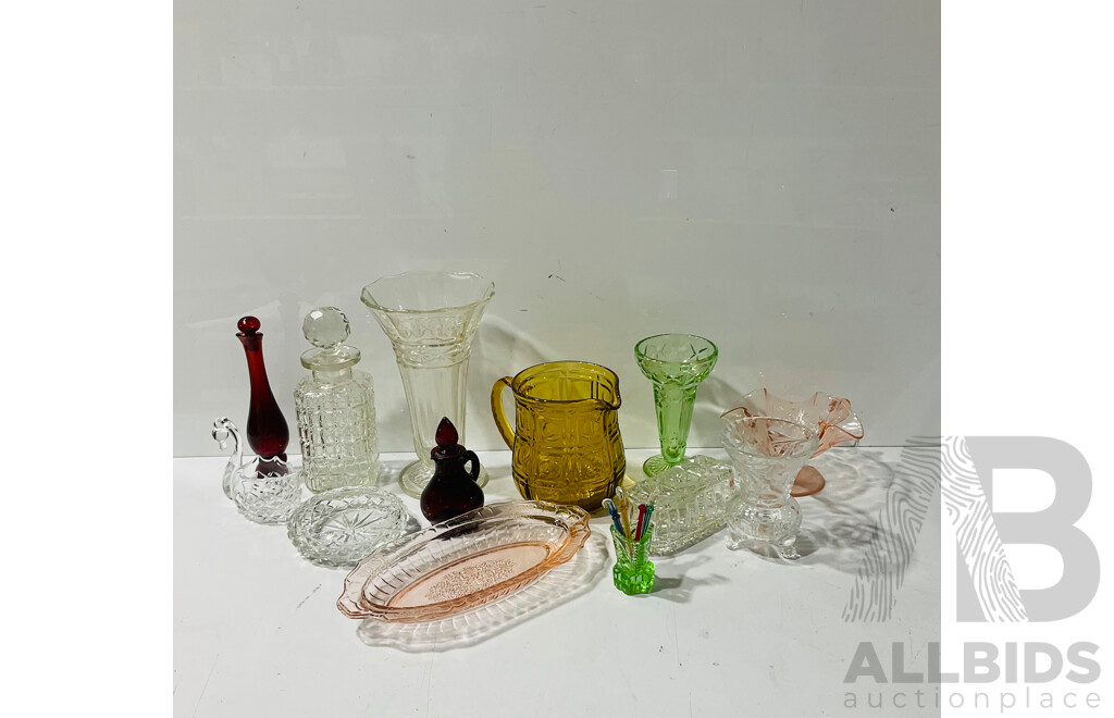 Collection of Vintage Interesting Glassware Including Cut Glass Examples and Coloured Glass Examples
