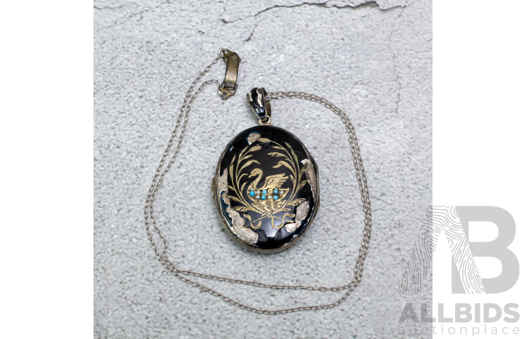Antique Victorian Sterling Silver Enamel Locket with Seed Pearls & Turquoise, with WWI Photo of Soldier, 60mm Long, 34.48 Grams