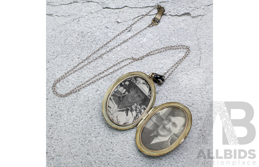 Antique Victorian Sterling Silver Enamel Locket with Seed Pearls & Turquoise, with WWI Photo of Soldier, 60mm Long, 34.48 Grams