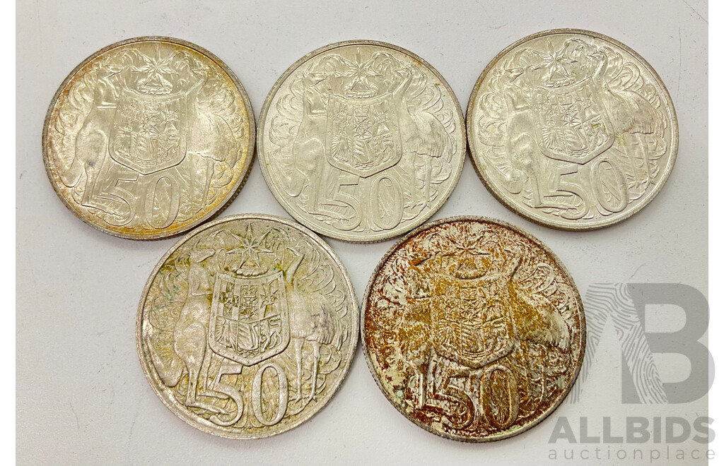 Five Australian 1966 Silver Round Fifty Cent Coins .800