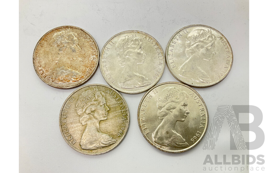 Five Australian 1966 Silver Round Fifty Cent Coins .800