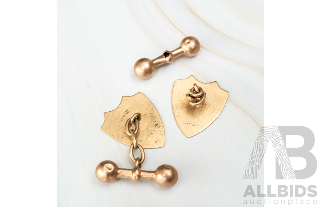 Vintage 9ct APEX Shield Cuff Links, Scrap or Repair, 4.59 Grams