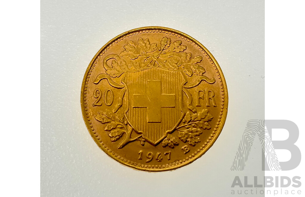 Switzerland 1947 Gold Twenty Francs Coin, Bern Mint