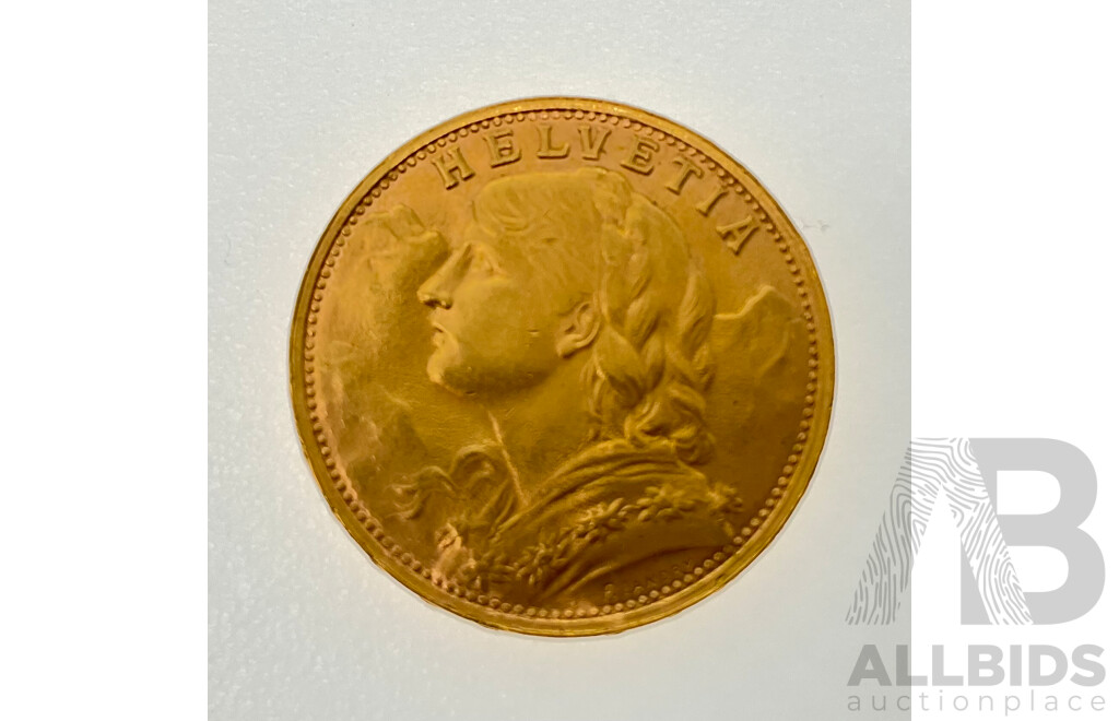 Switzerland 1947 Gold Twenty Francs Coin, Bern Mint