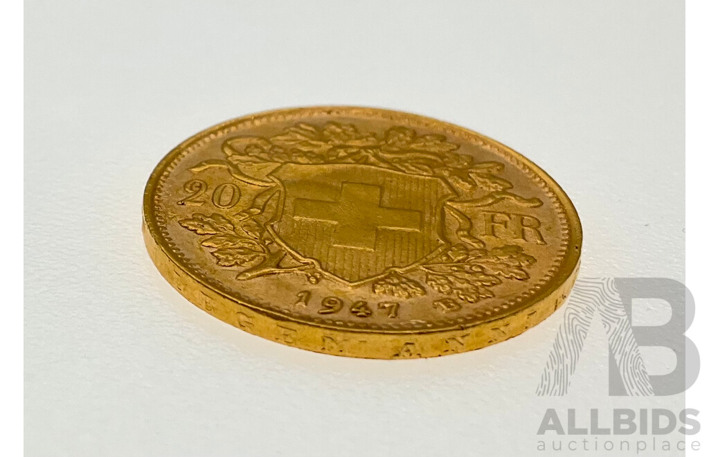 Switzerland 1947 Gold Twenty Francs Coin, Bern Mint