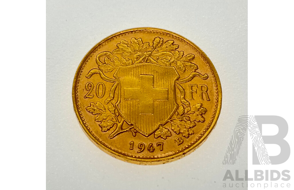 Switzerland 1947 Gold Twenty Francs Coin, Bern Mint .900