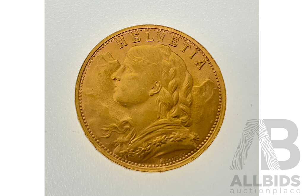 Switzerland 1947 Gold Twenty Francs Coin, Bern Mint .900