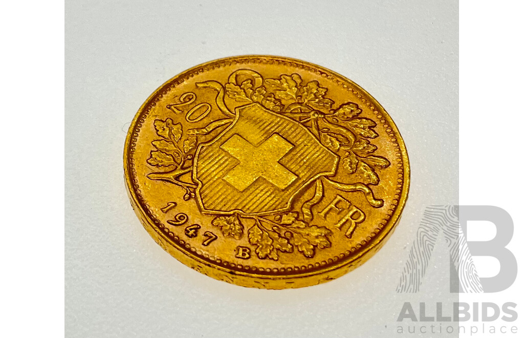 Switzerland 1947 Gold Twenty Francs Coin, Bern Mint .900
