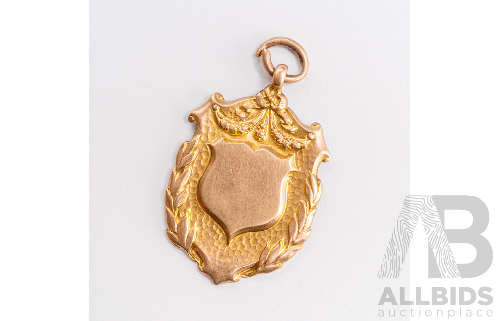 9ct Vintage Fob Style Medallion Sheild Pendant with Cartouch, 35mm X 22mm, 8.36 Grams