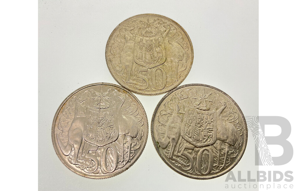 Three Australian 1966 Silver Round Fifty Cent Coins .800