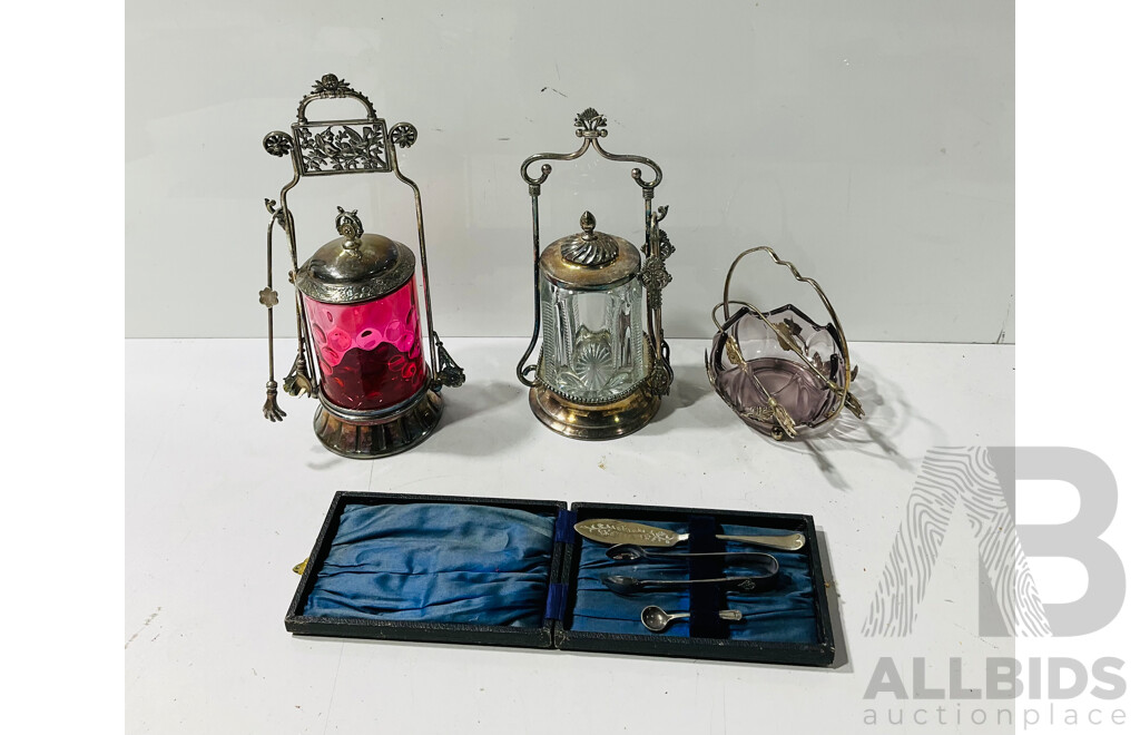 Pair of Vintage Pickle Jars with Glass Sugar Bowl and Three Silver Plate Pieces in Case