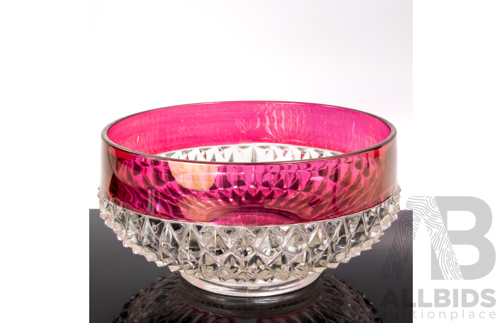 Large Vintage Continental Ruby Flashed Pressed Glass Serving Bowl