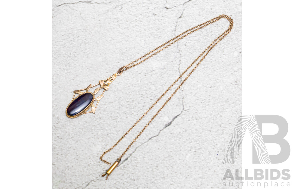 9ct Antique Art Nouveau Australian Black Opal Pendant, C. 1900, 50mm Long, 3.04 Grams