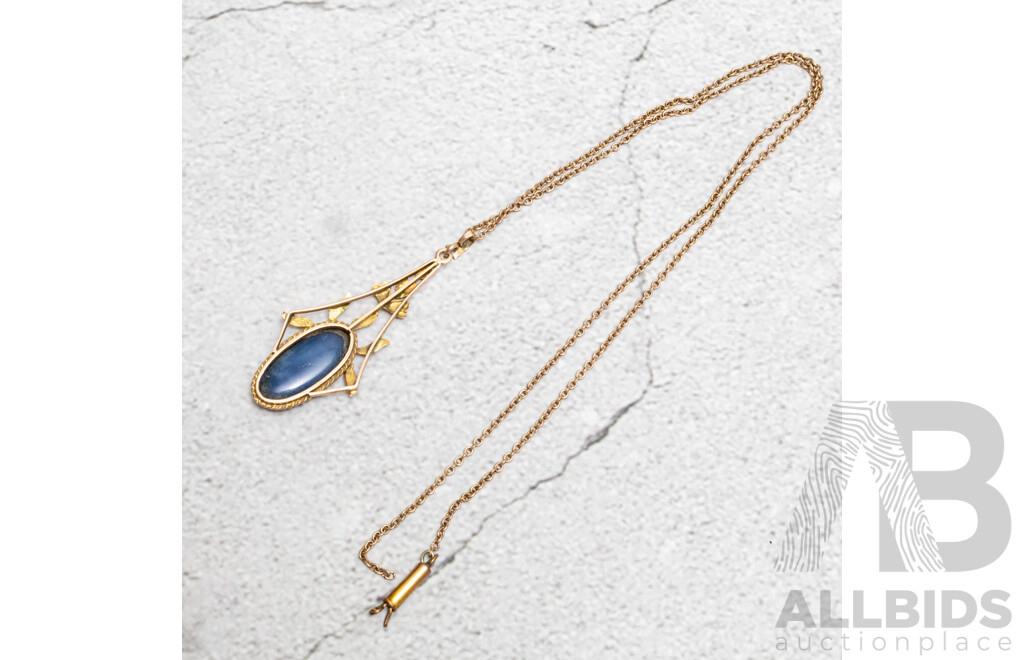9ct Antique Art Nouveau Australian Black Opal Pendant, C. 1900, 50mm Long, 3.04 Grams