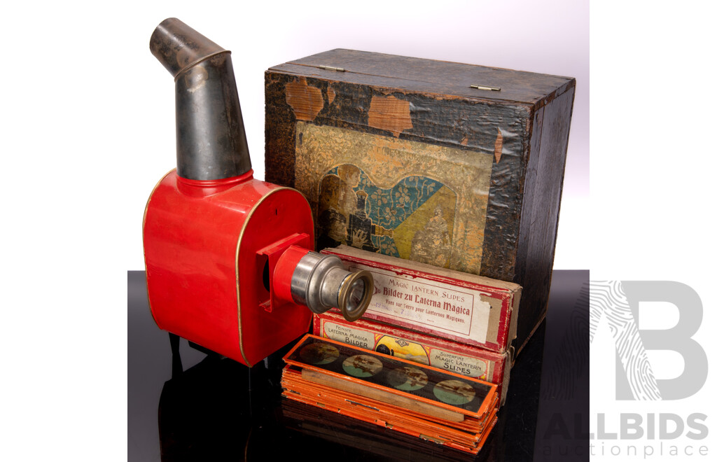 Antique Magic Lantern with Three Sets 12 Glass Slides in Original Box