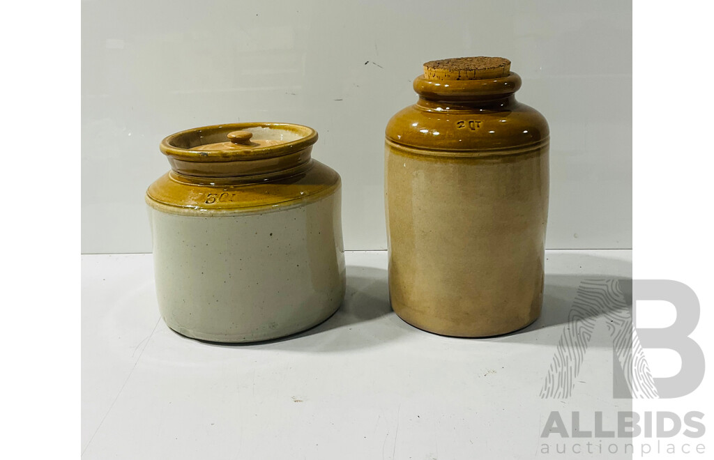 Antique Australian 3 Quart Pottery Jar with Cork Lid by Fowler Sydney Along with Another 2 Quart Example