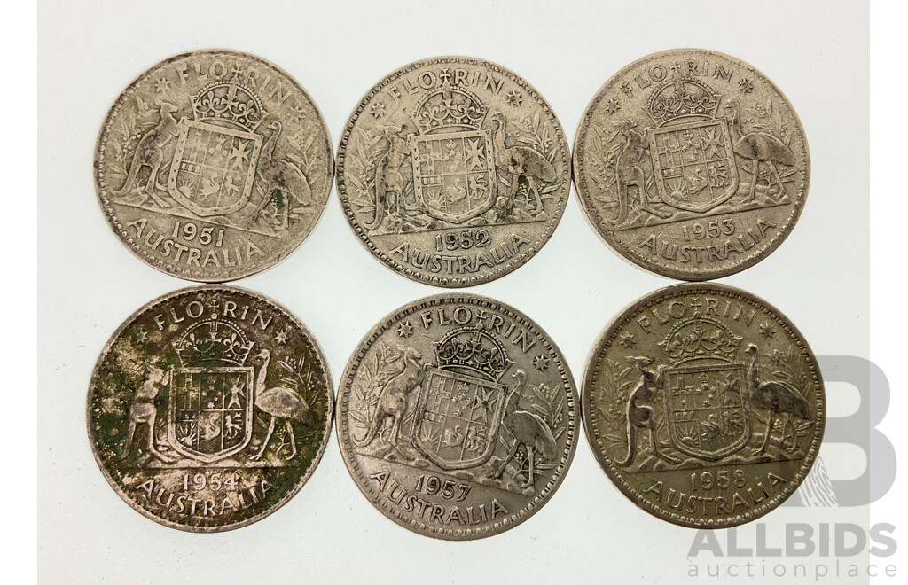 Australian Silver Florins KGVI/QE2, 1951, 1952, 1953, 1954, 1957, 1958 .500