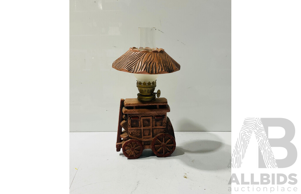 Collection of Lovely Ceramic Decorative Items Including Small Carriage Form Oil Lamp, Several Painted Plates and Platters and Small Fans