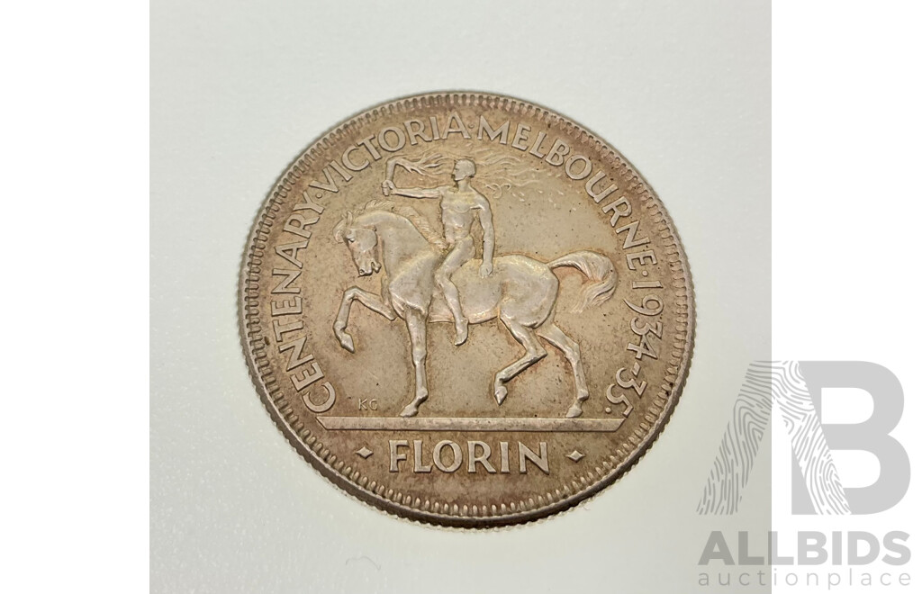 Rare Australian 1934-35 Silver KGV Florin, Commemorative Victoria Centenary .925