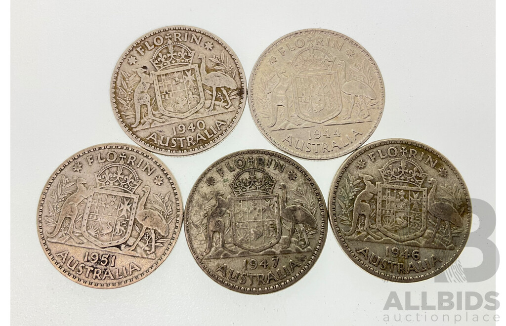 Five Australian KGVI Silver Florins, 1940, 1944S, 1946, 1947, 1951