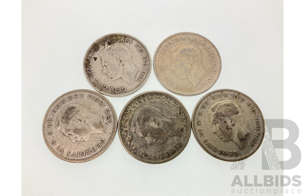 Five Australian KGVI Silver Florins, 1940, 1944S, 1946, 1947, 1951
