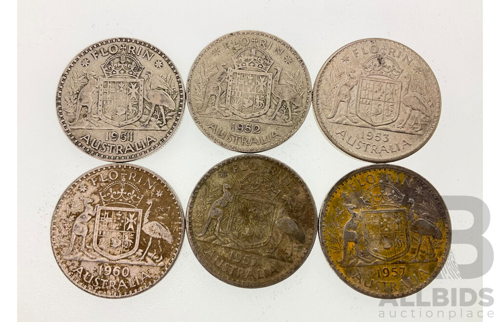 Six Australian KGVI/QE2 Silver Florins, 1951 1952, 1953, 1957(2) 1960