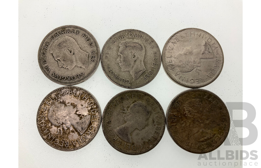 Six Australian KGVI/QE2 Silver Florins, 1951 1952, 1953, 1957(2) 1960