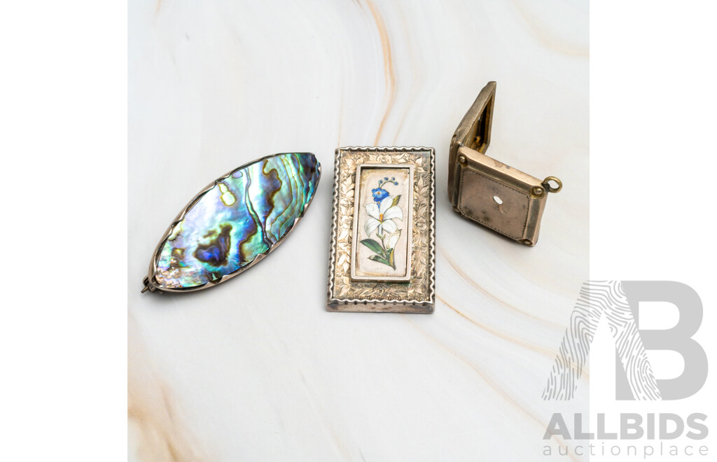Sterling Silver Antique Victorian Enamel Picture Frame Brooch, Paua Shell Brooch & Square Locket, 23.86 Grams