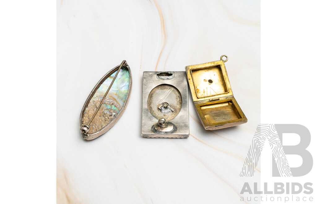 Sterling Silver Antique Victorian Enamel Picture Frame Brooch, Paua Shell Brooch & Square Locket, 23.86 Grams